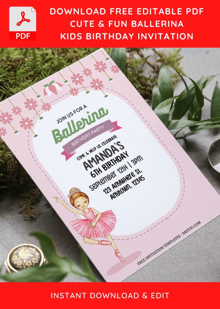 (Free Editable PDF) Pink Floral Ballerina Birthday Invitation Templates with cute watercolor ballerina