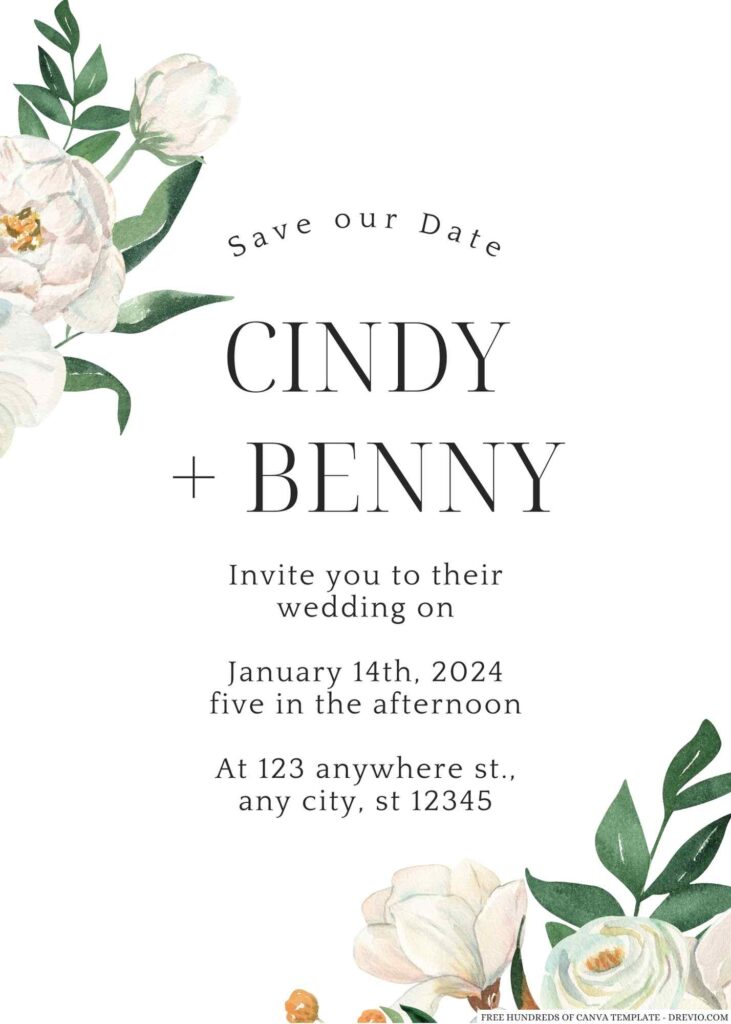 Watercolor White Peonies Canva Wedding Invitation Templates