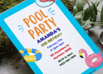 (Free Editable PDF) Adorable Summer Pool Kids Birthday Party Invitation Templates