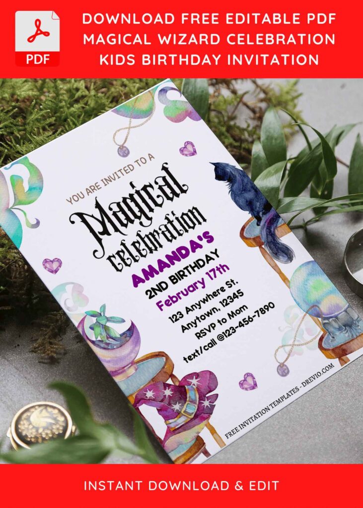 (Free Editable PDF) Magical Wizard Themed Birthday Invitation Templates with Witch's Hat
