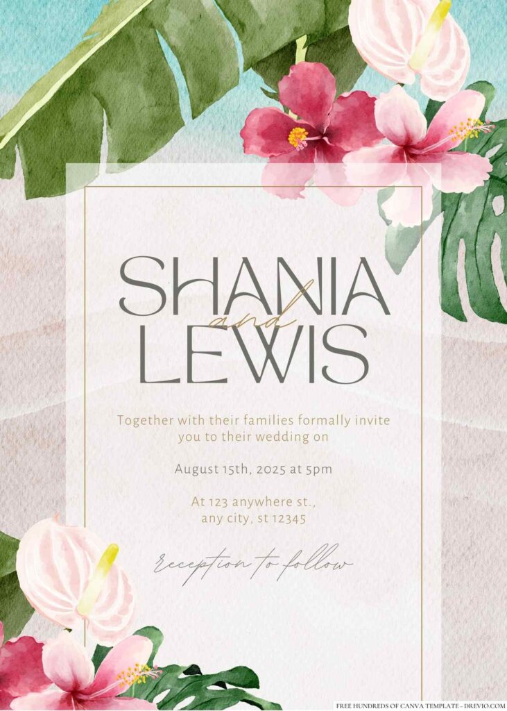 Tropical Green White Watercolor Canva Wedding Invitation Templates