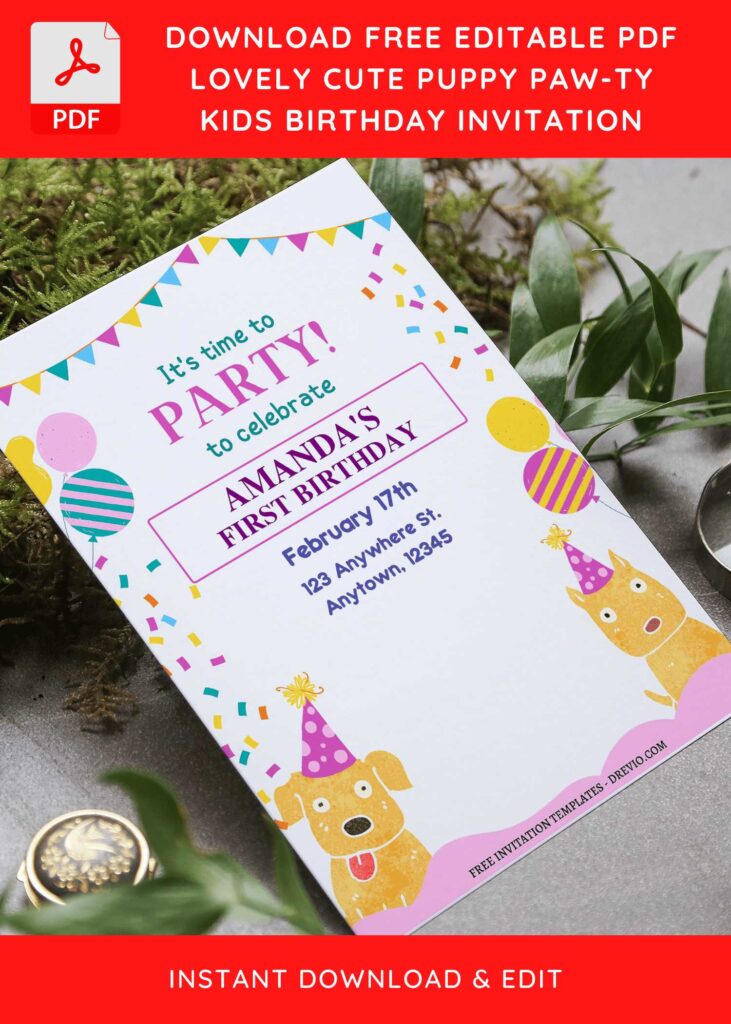 (Free Editable PDF) Flashy Puppy PAWTY Birthday Invitation Templates F