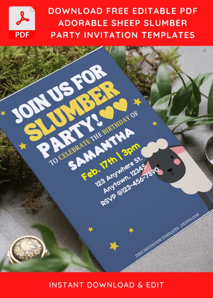 (Free Editable PDF) Cute Sheep Slumber Birthday Party Invitation Templates F