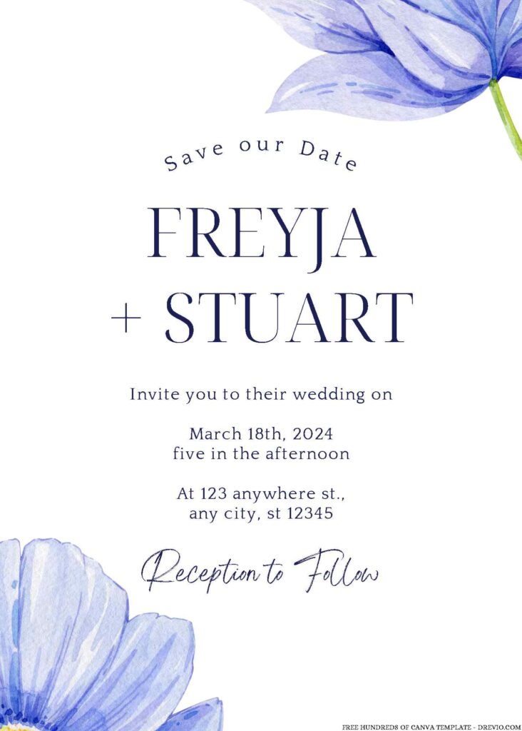 Watercolor Clematis Blue Navy Canva Wedding Invitation Templates