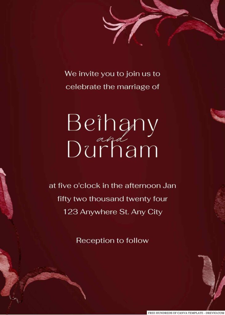 Free Editable Branch Burgundy Leaves Wedding Invitation