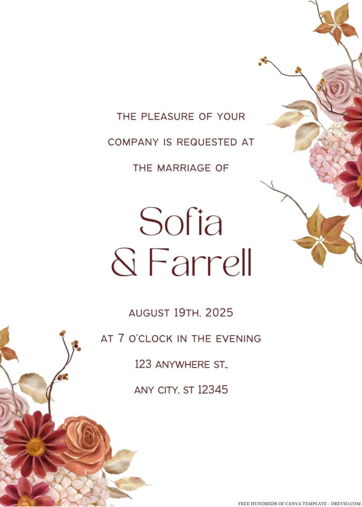 Free Editable Watercolor Fall Bouquet Wedding Invitation