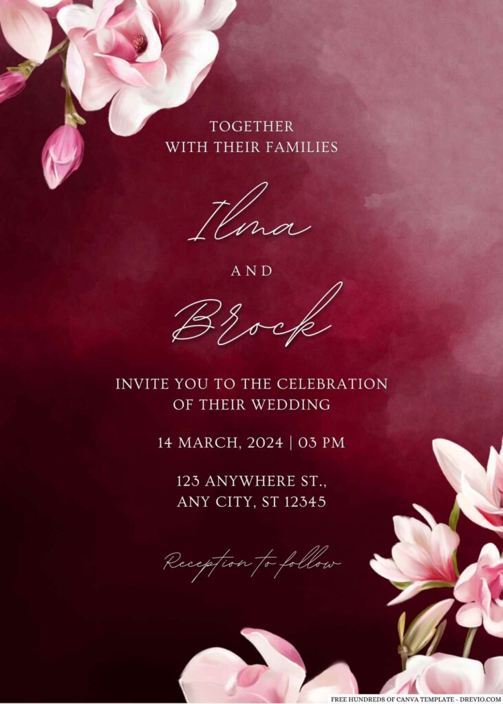 Free Editable Burgundy Magnolia Pink Red Wedding Invitation