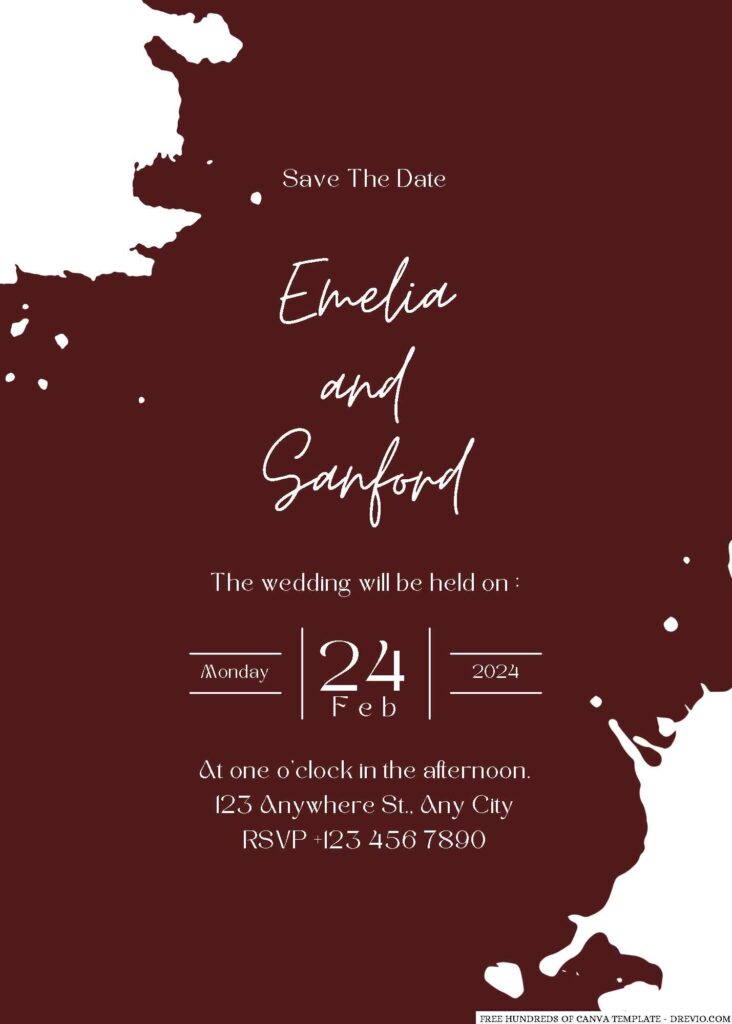 Burgundy Splash Ink White Canva Wedding Invitation Templates