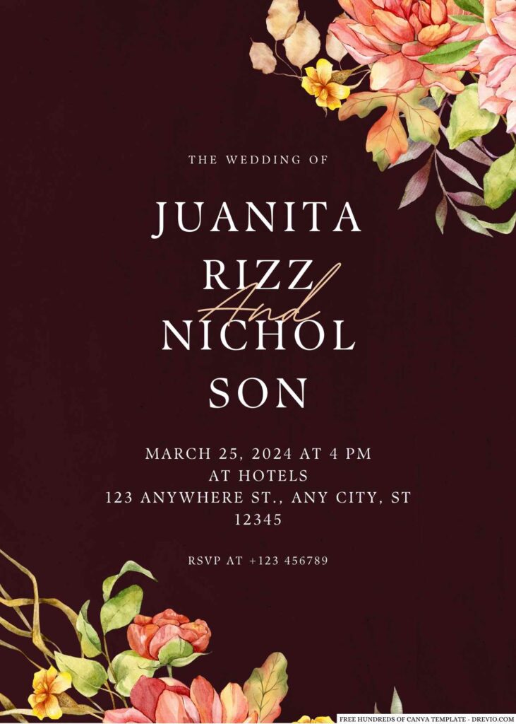 Free Editable Burgundy Fall Watercolor Floral Wedding Invitation