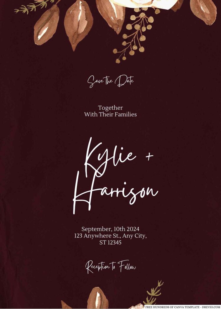 18+ Burgundy Watercolor Autumn Canva Wedding Invitation Templates ...