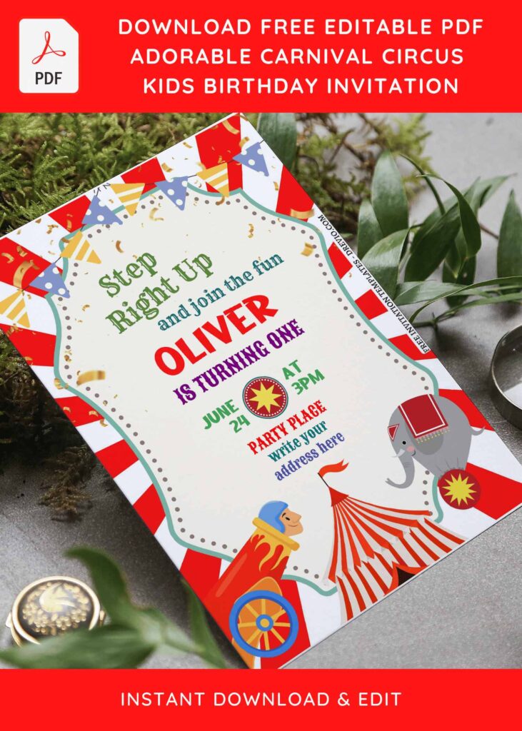 (Free Editable PDF) Adorable Carnival Circus Birthday Invitation Templates with gold confetti