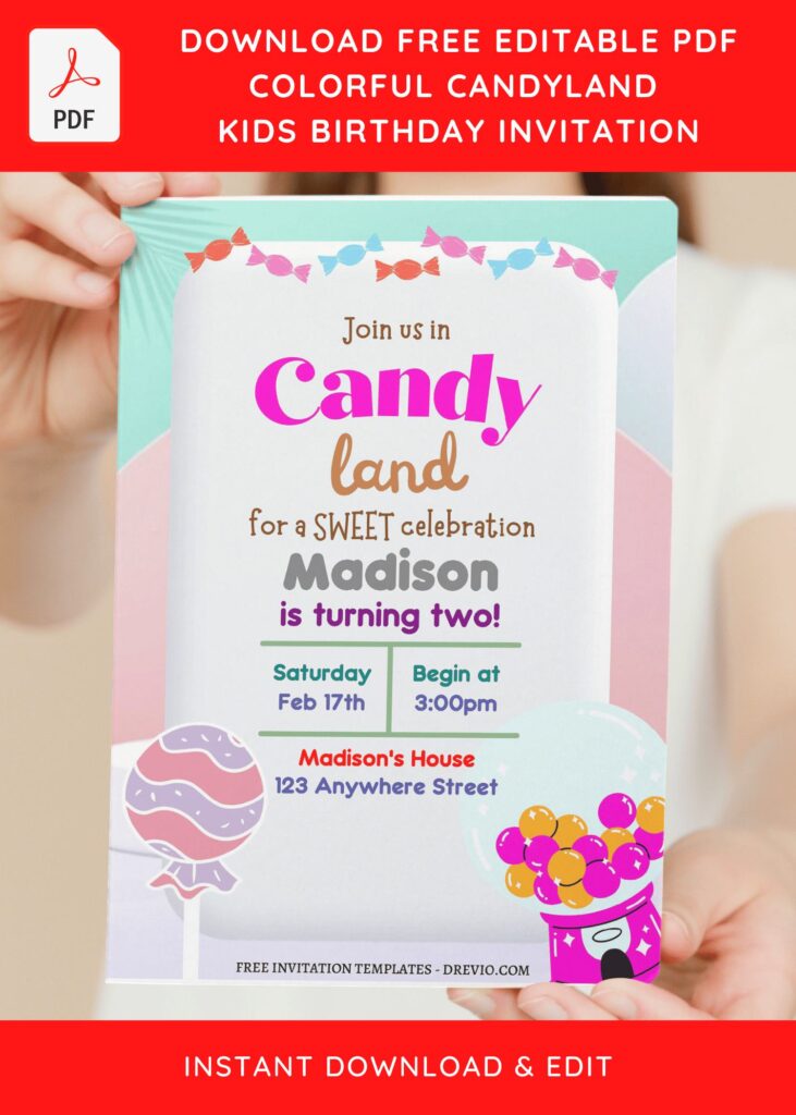 (Free Editable PDF) Sweet Candyland Birthday Invitation Templates with pink lollipop