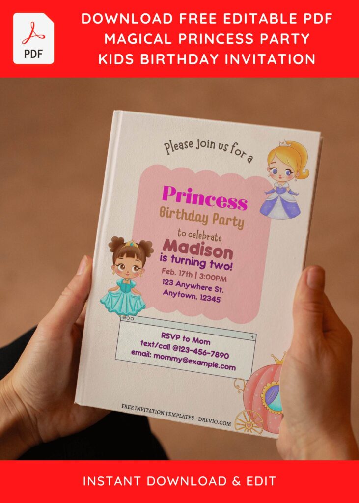 (Free Editable PDF) Magical Princess Girl Birthday Invitation Templates with adorable princess