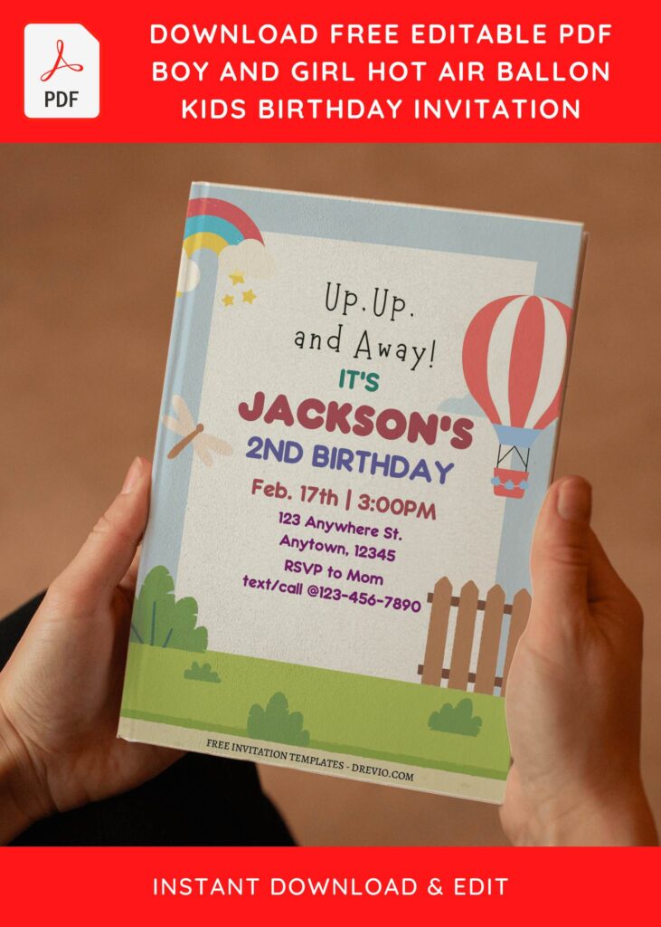 (Free Editable PDF) Boy & Girl Hot Air Balloon Birthday Invitation Templates E