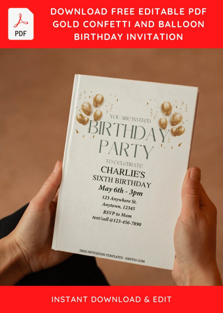 (Free Editable PDF) Stunning Gold Balloon & Confetti Birthday Invitation Templates E