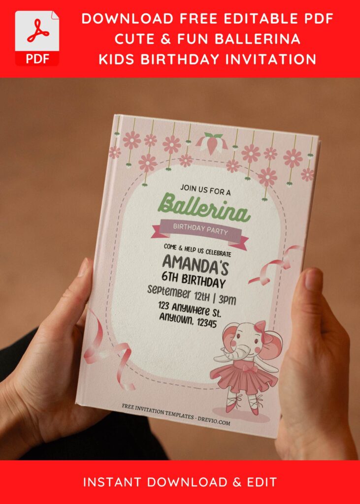 (Free Editable PDF) Pink Floral Ballerina Birthday Invitation Templates with editable text