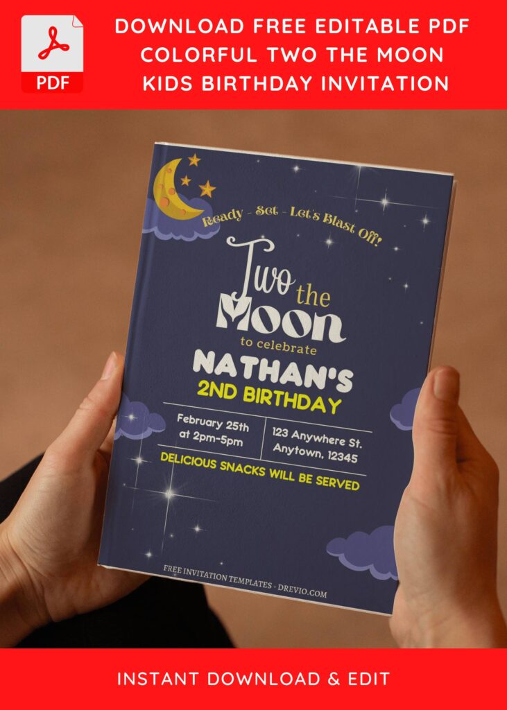 (Free Editable PDF) Two The Moon Birthday Invitation Templates E