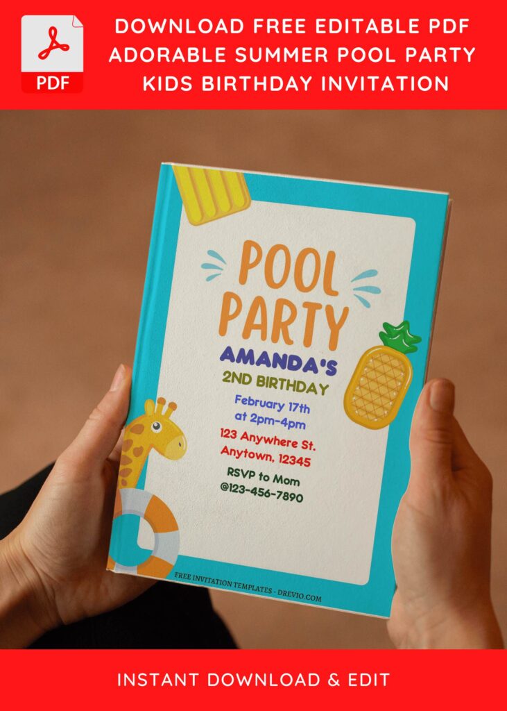 (Free Editable PDF) Adorable Summer Pool Kids Birthday Party Invitation Templates E