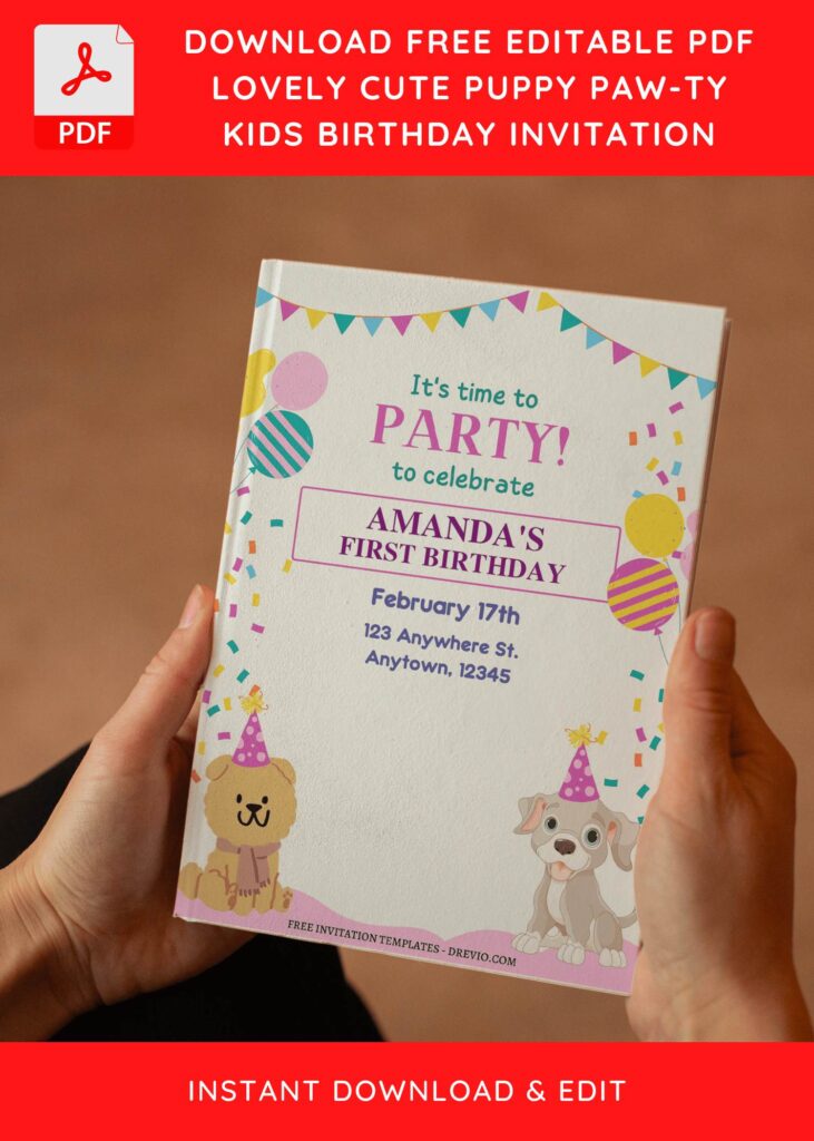 (Free Editable PDF) Flashy Puppy PAWTY Birthday Invitation Templates D