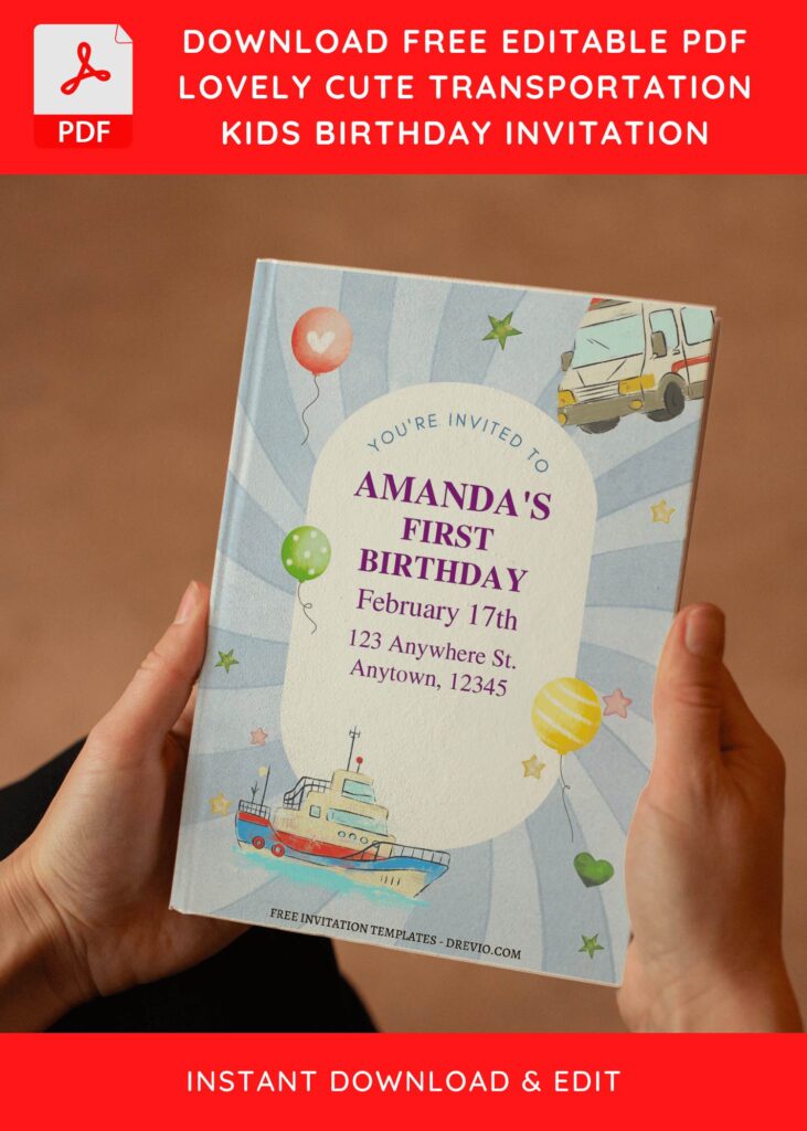 (Free Editable PDF) Watercolor Transportation Kids Birthday Invitation Templates E