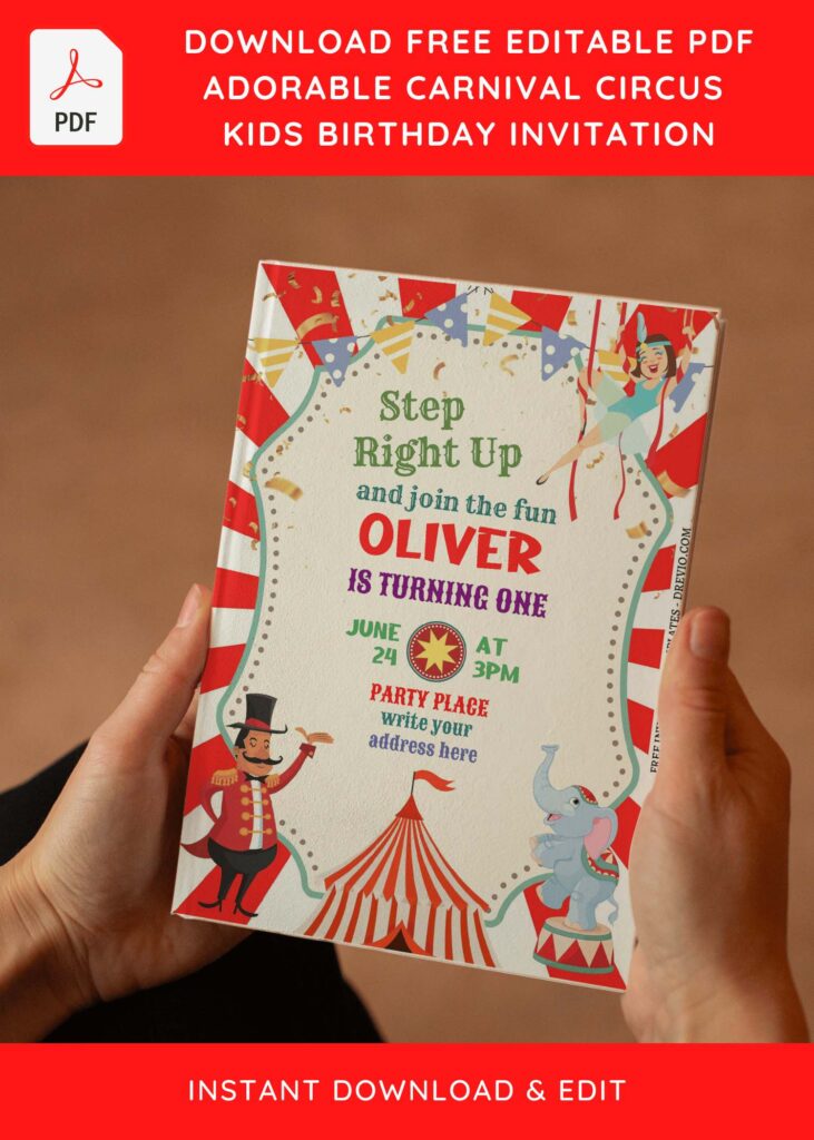 (Free Editable PDF) Adorable Carnival Circus Birthday Invitation Templates with colorful bunting flag
