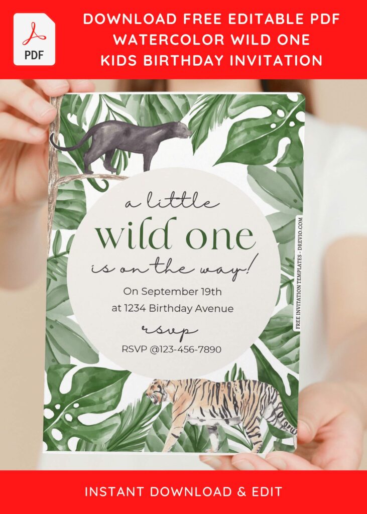 (Free Editable PDF) Watercolor Wild One Birthday Invitation Templates with watercolor tiger