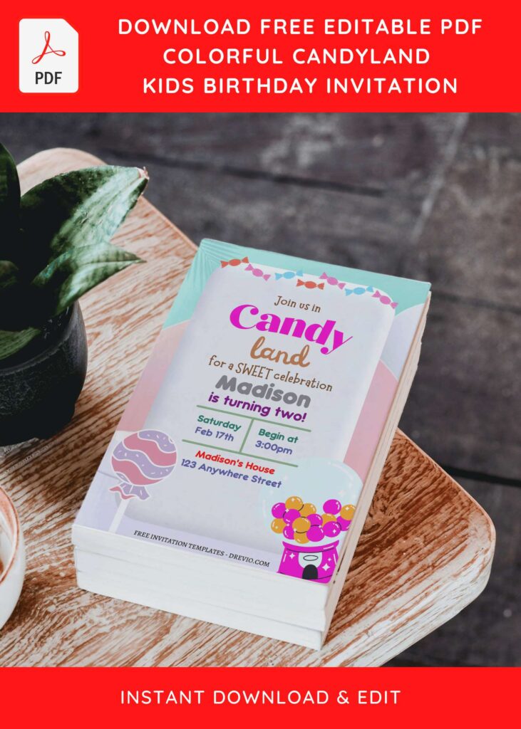 (Free Editable PDF) Sweet Candyland Birthday Invitation Templates with candy dispenser