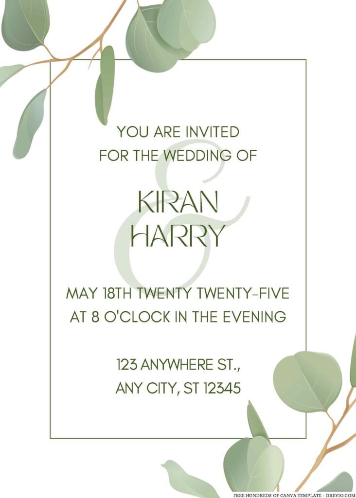Free Editable Eucalyptus Floral Green Branches Wedding Invitation