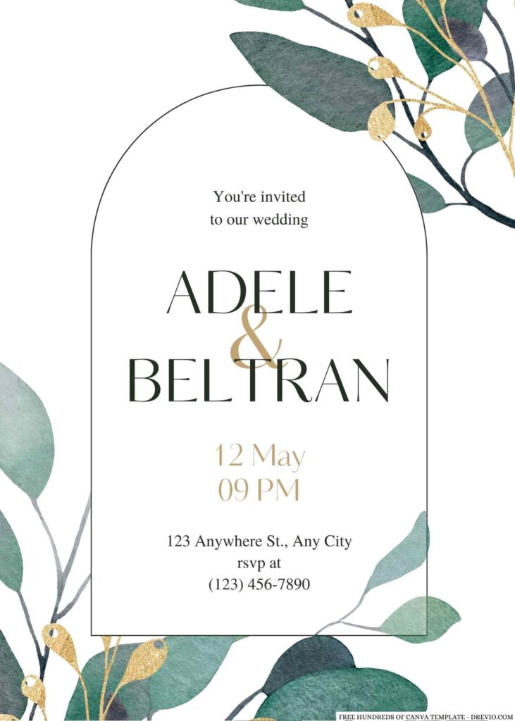 Free Editable Bouquet Green Gold Leaves Wedding Invitation