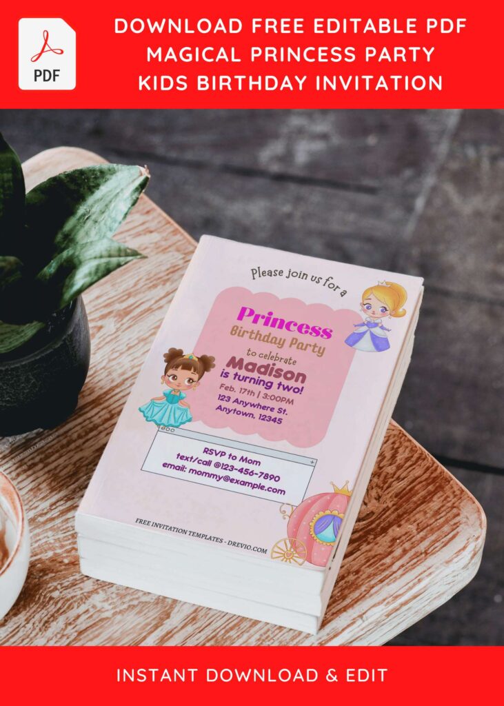 (Free Editable PDF) Magical Princess Girl Birthday Invitation Templates with adorable princess fairy wand