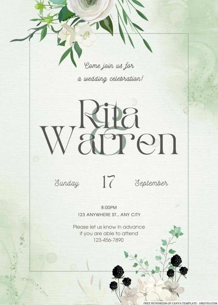 Free Editable Greenery Leaf Floral Watercolor Wedding Invitation