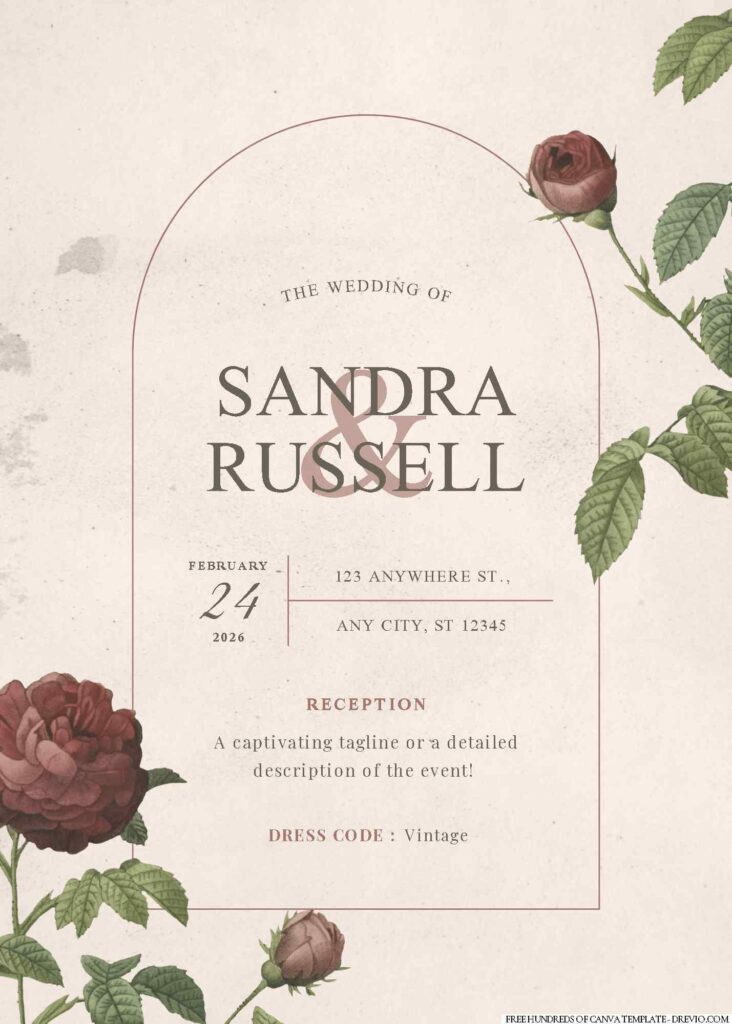 Free Editable Vintage Painting Flower Roses Wedding Invitation