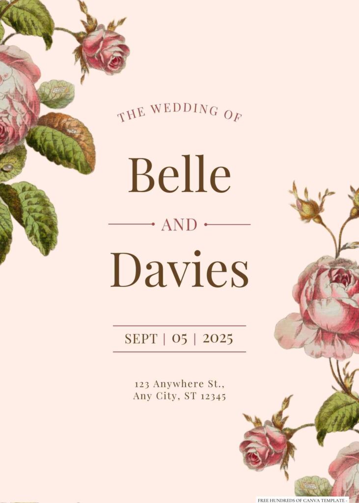 Free Editable Vintage Cabbage Roses Illustration Wedding Invitation