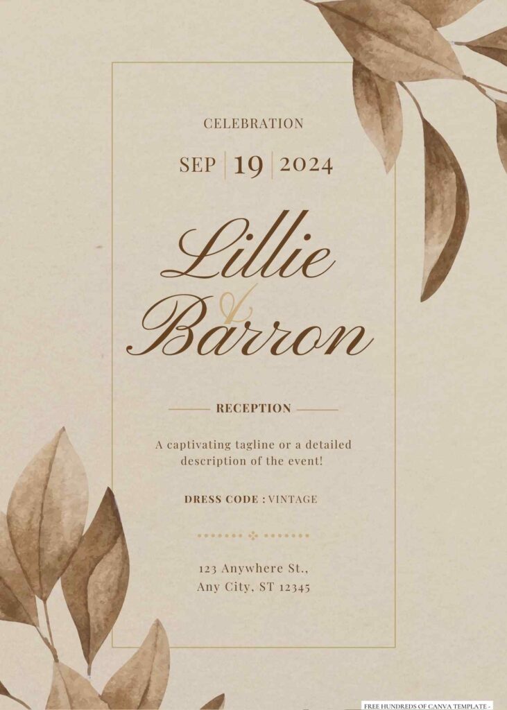 Free Editable Vintage Leaf Brown Watercolor Wedding Invitation