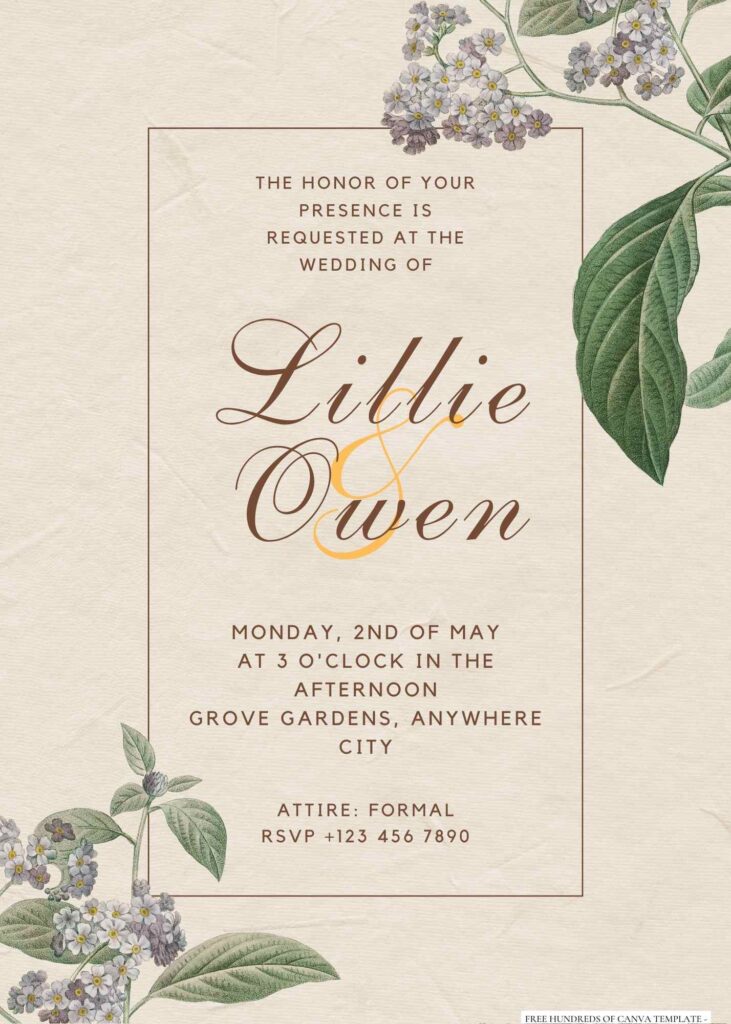 Free Editable Vintage White Floral Leaves Wedding Invitation