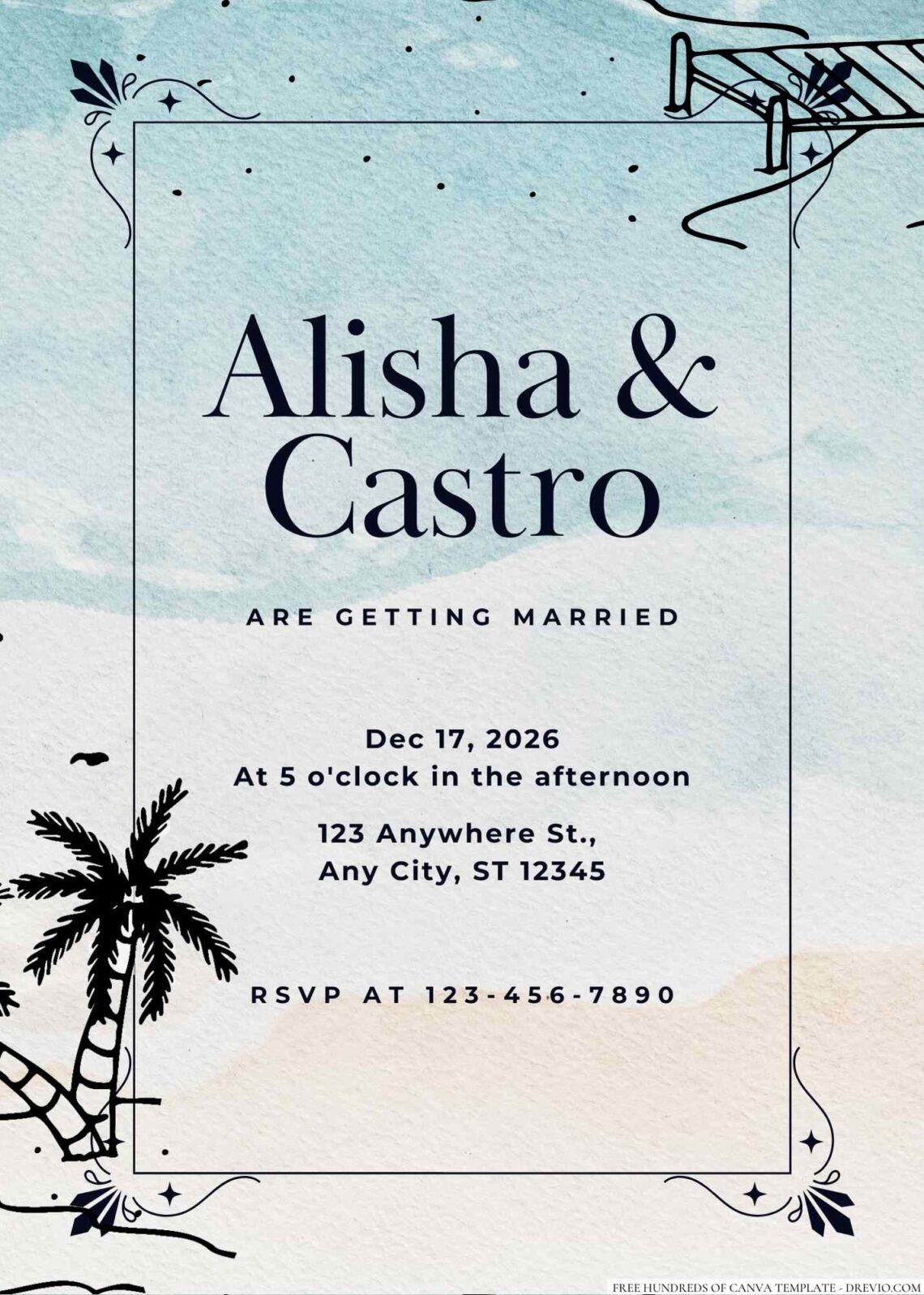 Free Editable Panoramic Beach View Sketch Wedding Invitation