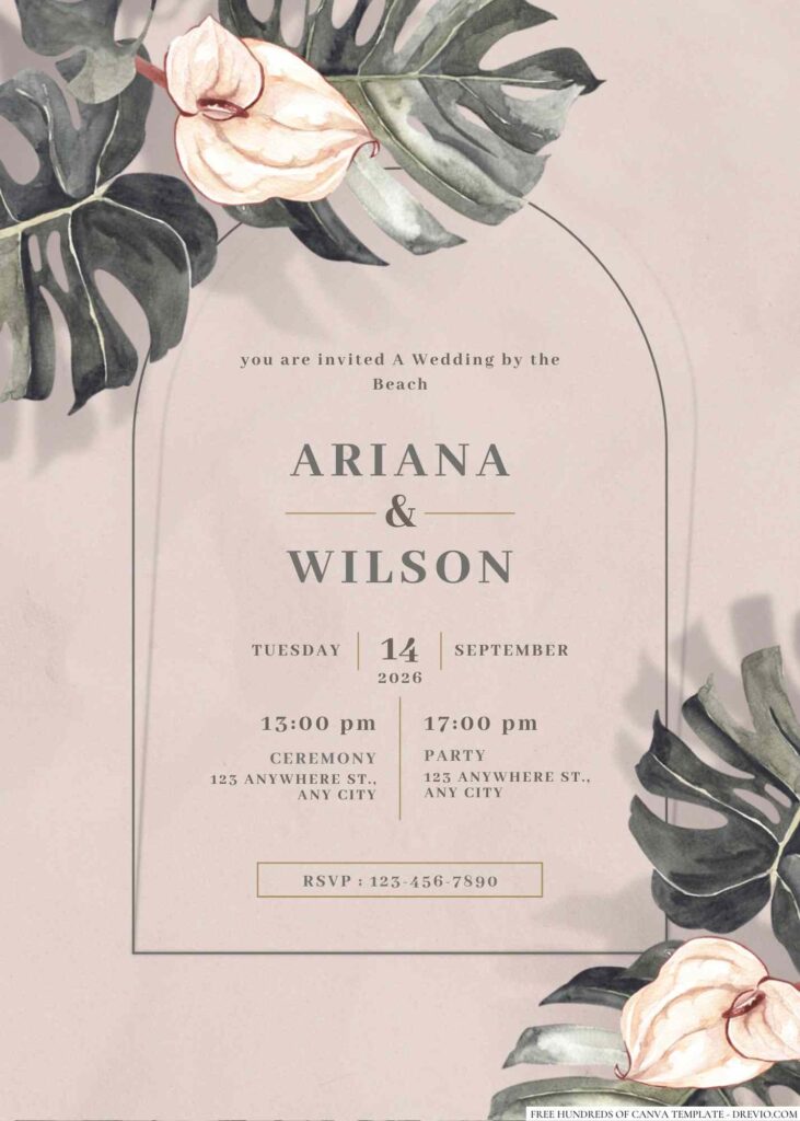 Free Editable Dark Green Tropical Floral Wedding Invitation