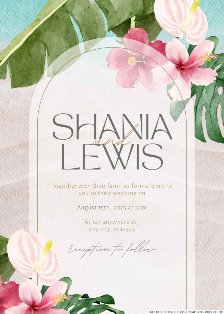 Tropical Green White Watercolor Canva Wedding Invitation Templates