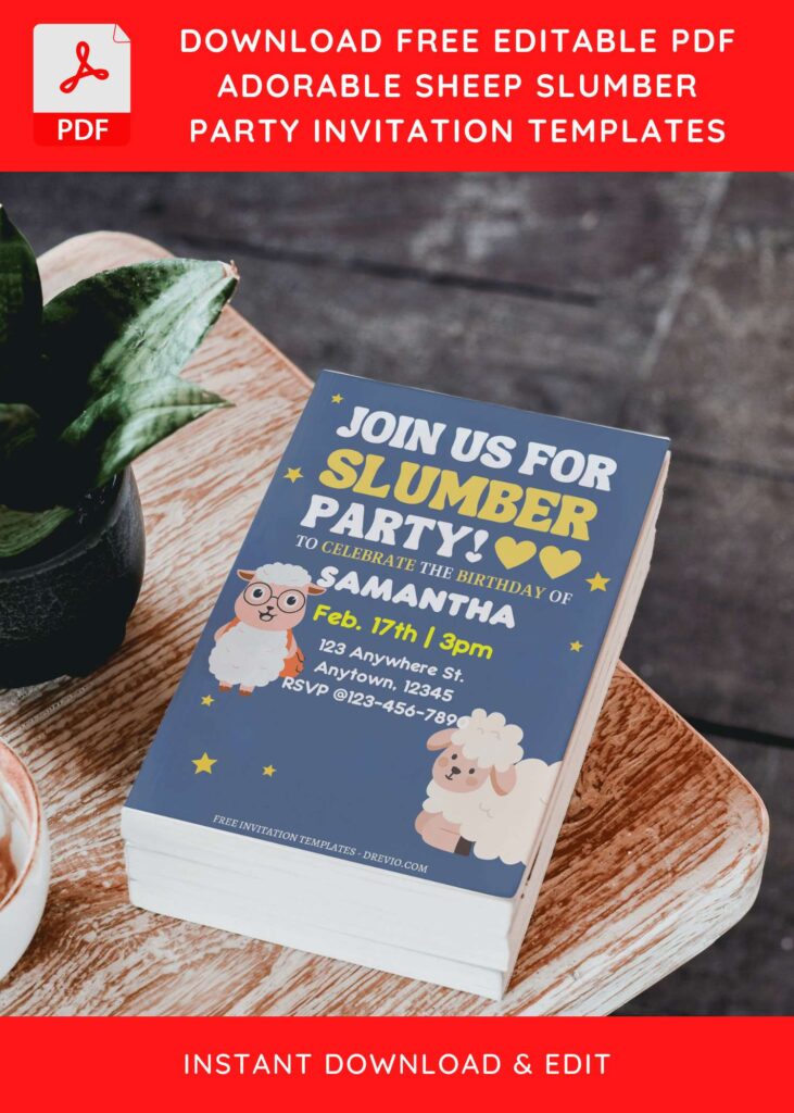 (Free Editable PDF) Cute Sheep Slumber Birthday Party Invitation Templates D