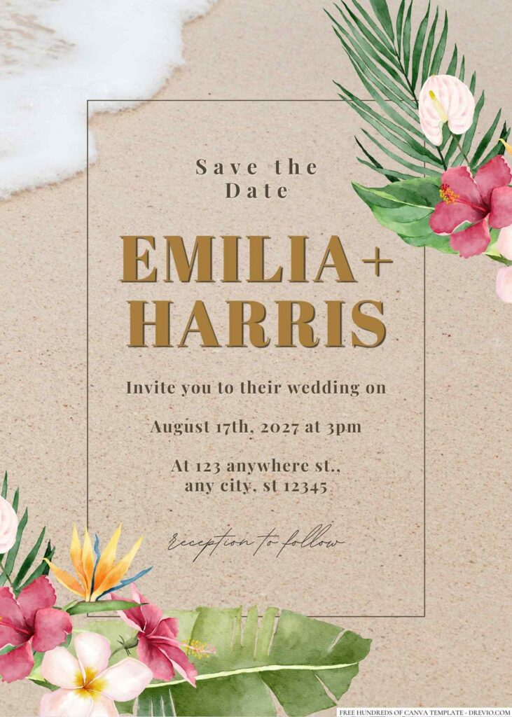 Free Editable Colorful Tropical Flower Leaves Wedding Invitation