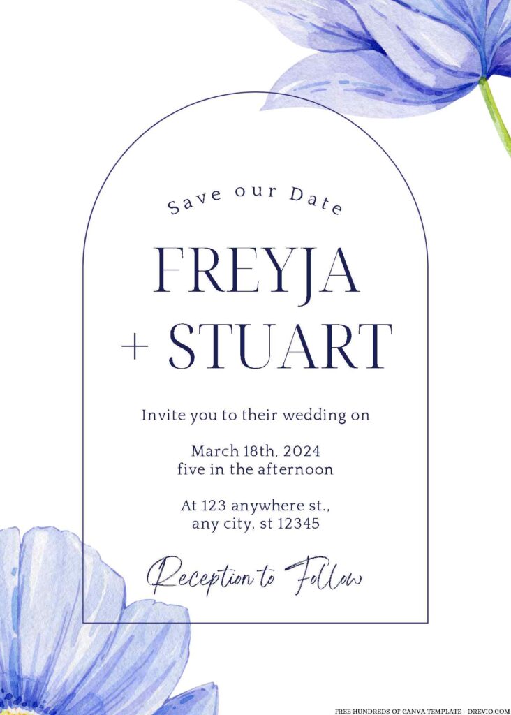 Watercolor Clematis Blue Navy Canva Wedding Invitation Templates