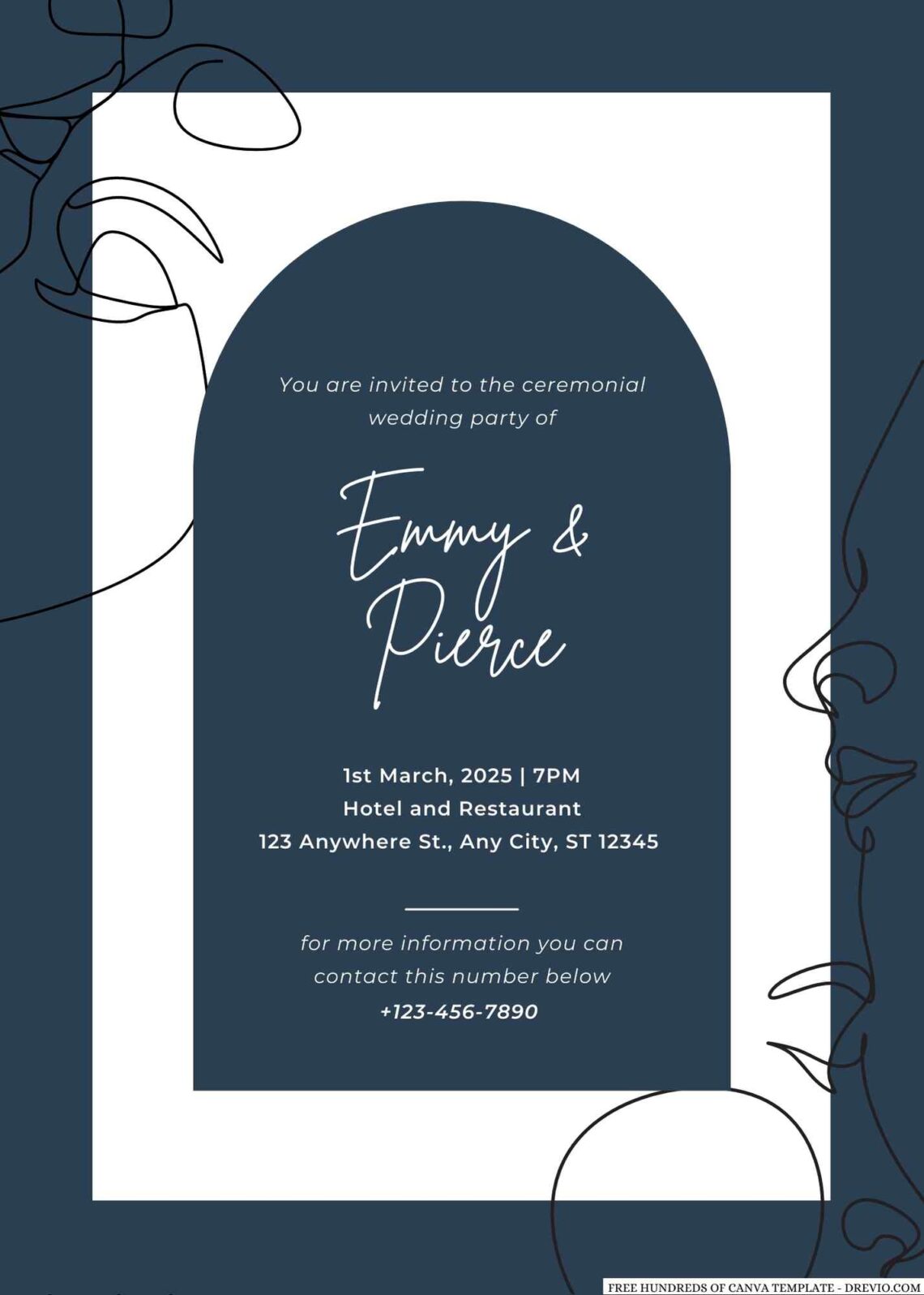 Free Editable Navy Blue Art Illustration Wedding Invitation