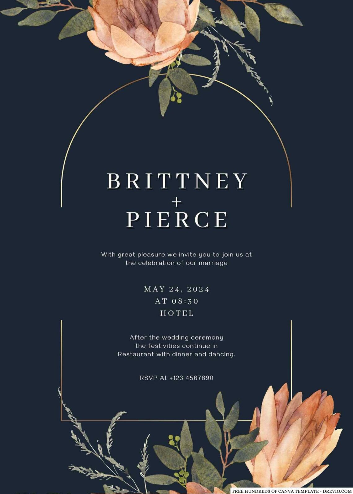 Free Editable Navy Terracotta Wedding Bouquet Wedding Invitation
