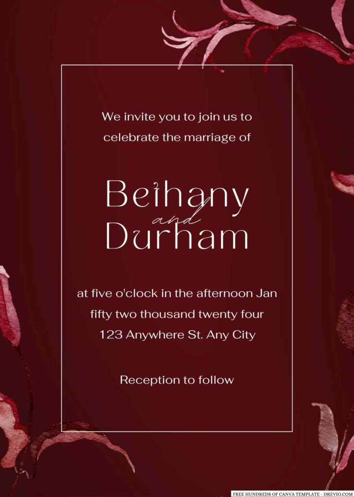Free Editable Branch Burgundy Leaves Wedding Invitation