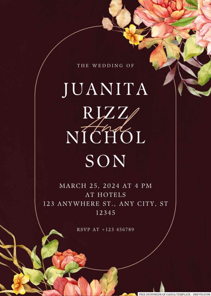 Free Editable Burgundy Fall Watercolor Floral Wedding Invitation