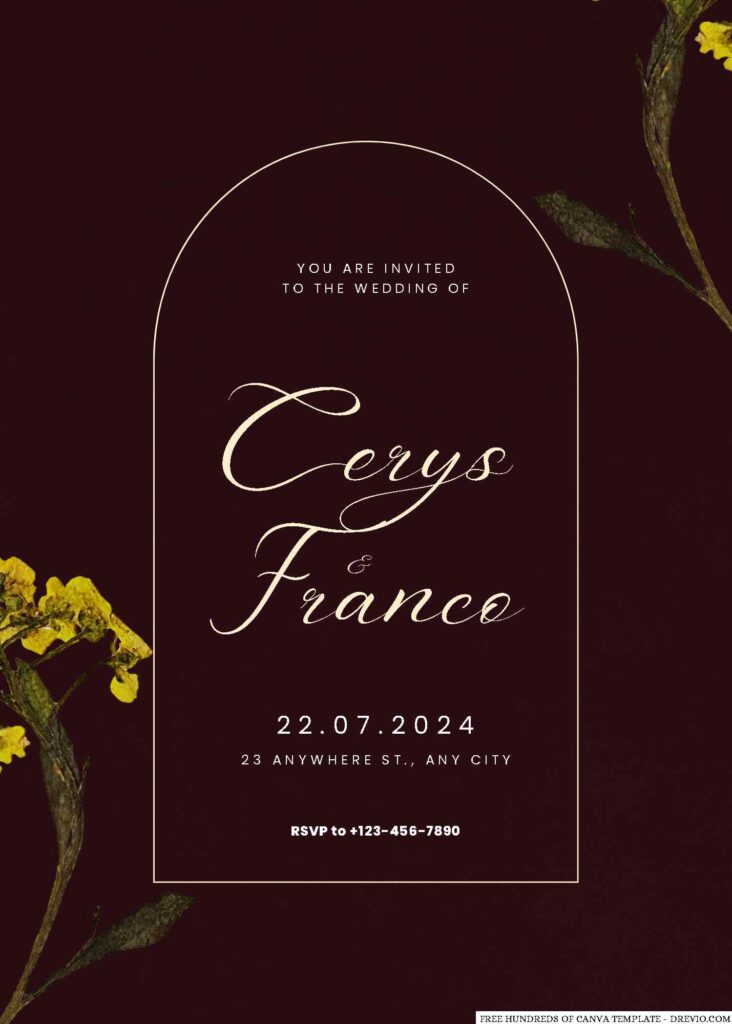 Free Editable Burgundy Pressed Yellow Flower Wedding Invitation