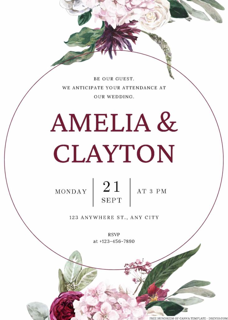 Free Editable Garden Burgundy Floral Watercolor Wedding Invitation