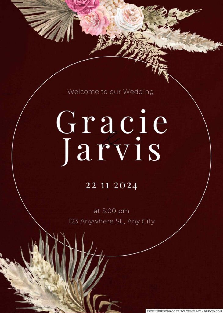 Free Editable Burgundy Watercolor Pampas Wedding Invitation