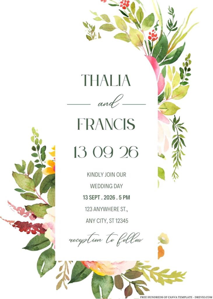 Free Editable Watercolor Pink Yellow Floral Wedding Invitation