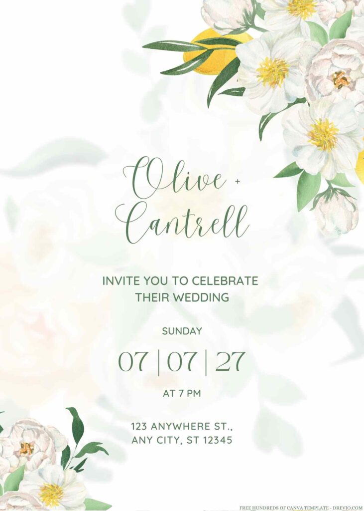 Free Editable Watercolor Greenery White Peonies Wedding Invitation